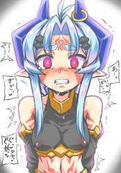 Rule 34 | 1girl, ahoge, bare shoulders, blue hair, blush, breasts, clenched teeth, covered erect nipples, dark persona, detached sleeves, earrings, eyebrows, facial mark, gem, hair ornament, heart, horn ornament, horn ring, horns, jewelry, long hair, looking at viewer, markings, midriff, navel, original, pink eyes, pointy ears, saliva, small breasts, solo, tears, teeth, thick eyebrows, to-gnaniwa, translation request, trembling, upper body