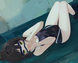 Rule 34 | 1girl, absurdres, air bubble, black hair, blue one-piece swimsuit, breasts, bubble, commission, competition swimsuit, covered navel, diving mask, diving mask on head, flippers, freediving, goggles, goggles on head, green eyes, hamaguchi ayame, highres, holding breath, idashige (walkietalkie), idolmaster, idolmaster cinderella girls, medium breasts, one-piece swimsuit, pixiv commission, shiny skin, sidelocks, solo, swimsuit, underwater