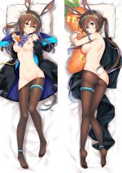 Rule 34 | 1girl, amiya (arknights), animal ear fluff, animal ears, anklet, arknights, armlet, ass, back, bare shoulders, bed sheet, black coat, blue eyes, bow, bowtie, breasts, breasts out, brown hair, brown pantyhose, carrot, closed mouth, coat, unworn coat, dakimakura (medium), food, frills, from above, frown, hair between eyes, holding, holding food, horse ears, jewelry, long hair, long sleeves, lying, medium breasts, moeanime, multiple views, navel, nipples, no bra, no panties, no shoes, off shoulder, on back, on stomach, open clothes, open coat, pantyhose, pillow, purple bow, purple bowtie, rabbit ears, rabbit girl, rabbit tail, shoulder blades, smile, split screen, stomach, tail, thigh gap, thighlet, topless, twintails, very long hair