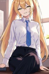Rule 34 | 1girl, artist name, blue necktie, breasts, commentary, desk, dokibird (vtuber), english commentary, green eyes, highres, indie virtual youtuber, legs folded, long hair, long sleeves, looking at viewer, medium breasts, necktie, office, on desk, pants, plant, sitting, smug, sunset skyline, twintails, very long hair, virtual youtuber
