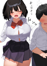 Rule 34 | 1boy, 1girl, :d, ^ ^, black hair, black pants, black skirt, blush, bouncing breasts, bow, bowtie, breasts, button gap, buttons, closed eyes, collarbone, commentary request, closed eyes, faceless, faceless male, kaisen chuui, large breasts, open mouth, original, pants, red neckwear, shirt, short hair, simple background, skirt, smile, translated, white background, white shirt