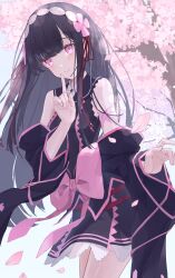 Rule 34 | 1girl, bare shoulders, black dress, black hair, bow, cherry blossoms, cross-laced clothes, dress, finger to mouth, hair ornament, hairband, highres, japanese clothes, long hair, looking at viewer, mgr palelight, personification, pink bow, pink eyes, pink ribbon, ribbon, shushing, solo, suishinshi masahide (tenka hyakken), tenka hyakken