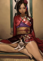 Rule 34 | 1girl, absurdres, animal, bad id, bad pixiv id, bare legs, barefoot, brown eyes, brown hair, calico, cat, convenient censoring, feet, flower, hair flower, hair ornament, hanging scroll, highres, indoors, japanese clothes, kimono, long hair, looking at viewer, obi, original, parted lips, sash, scroll, sitting, soles, solo, toes, yomu (sgt epper)