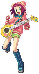 Rule 34 | 00s, 1girl, boots, capcom, fingerless gloves, full body, gloves, green eyes, guitar, heart, highres, hood, hoodie, instrument, looking at viewer, mega man (series), mega man star force, musical note, official art, open mouth, purple hair, short hair, short shorts, shorts, simple background, smile, solo, sonia strumm (mega man), striped clothes, striped gloves, white background