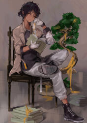 Rule 34 | 1boy, arknights, black footwear, black hair, black shirt, bonsai, book, book stack, bookmark, brown jacket, closed mouth, commentary request, crossed legs, dark-skinned male, dark skin, ear piercing, full body, gloves, grey pants, highres, holding, holding book, jacket, layered sleeves, long sleeves, looking at viewer, male focus, maria (syake-uni), on chair, open book, open clothes, open jacket, orange eyes, pants, piercing, ponytail, shirt, shoe soles, shoes, short over long sleeves, short sleeves, sitting, solo, thorns (arknights), tile floor, tiles, tree, white gloves