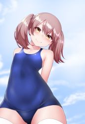 Rule 34 | 1girl, arms behind back, blue one-piece swimsuit, blue sky, brown eyes, brown hair, cloud, commentary request, cowboy shot, from below, kantai collection, kirigakure (kirigakure tantei jimusho), long hair, looking at viewer, one-piece swimsuit, ryuujou (kancolle), school swimsuit, sky, solo, standing, swimsuit, thighhighs, twintails, white thighhighs