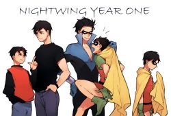 Rule 34 | 2boys, angry, batman (series), black hair, brothers, cape, carrying, dc comics, dick grayson, domino mask, family, highres, jason todd, male focus, mask, mayer, multiple boys, multiple persona, nightwing, pixiv sample, resized, robin (dc), siblings