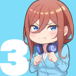 Rule 34 | 1girl, blue background, blue cardigan, blush, breasts, cardigan, chibi, clenched hands, commentary, foreshortening, go-toubun no hanayome, hair between eyes, headphones, headphones around neck, konishiki (52siki), large breasts, light brown hair, long hair, long sleeves, looking at viewer, nakano miku, pout, purple eyes, shirt, simple background, solo, upper body, v-shaped eyebrows, white shirt