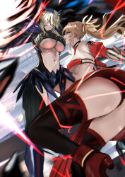 Rule 34 | 2girls, armor, artoria pendragon (fate), artoria pendragon (lancer alter) (fate), ass, bandeau, bare shoulders, black bodysuit, black cape, black thighhighs, blonde hair, bodysuit, braid, breasts, cape, center opening, detached collar, detached sleeves, fate/apocrypha, fate/grand order, fate (series), faulds, french braid, gauntlets, green eyes, hair between eyes, highres, horns, jikihatiman, large breasts, long hair, mordred (fate), mordred (fate/apocrypha), multiple girls, navel, parted bangs, pauldrons, pelvic curtain, ponytail, revealing clothes, ribbed bodysuit, shoulder armor, sidelocks, small breasts, thighhighs, thighs, underboob, yellow eyes