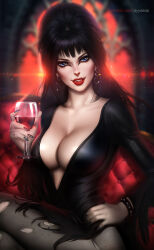 Rule 34 | 1girl, ayya sap, black hair, black pantyhose, black shirt, blue eyes, blurry, bracelet, breasts, cleavage, couch, cowboy shot, crossed legs, cup, depth of field, drinking glass, earrings, elvira, elvira: mistress of the dark, fangs, hand on own hip, holding, holding cup, indoors, jewelry, large breasts, long hair, looking at viewer, pantyhose, pinup (portrait), shirt, sitting, solo, spiked bracelet, spikes, torn clothes, torn pantyhose, vampire, window, wine glass