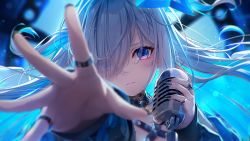 Rule 34 | 1girl, amane kanata, black collar, black nails, blue eyes, blue hair, blue nails, blurry, blurry foreground, chihiro ayaka, closed mouth, collar, depth of field, eyes visible through hair, floating hair, grey hair, hair over one eye, highres, holding, holding microphone, hololive, jewelry, long hair, long sleeves, looking at viewer, microphone, multicolored hair, multiple rings, nail polish, outstretched arm, pink hair, reaching, reaching towards viewer, ring, roshin yuukai (vocaloid), solo, streaked hair, virtual youtuber, vocaloid