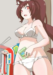 Rule 34 | 1girl, animal ears, bow, bow bra, bow panties, bra, breasts, brown hair, cleavage, commentary request, cowboy shot, crotch seam, game cartridge, gluteal fold, holding, imaizumi kagerou, indoors, long hair, looking to the side, medium breasts, open mouth, panties, ponytail, red eyes, solo, standing, swept bangs, tail, television, touhou, twitter username, underwear, underwear only, white bra, white panties, wolf ears, wolf girl, wolf tail, zannen na hito