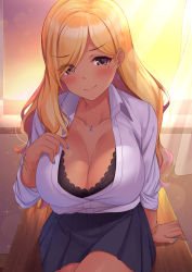 Rule 34 | 1girl, bangle, black bra, black skirt, blonde hair, blue nails, blush, bra, bracelet, breasts, brown eyes, cleavage, closed mouth, collarbone, collared shirt, commentary request, curtains, dark-skinned female, dark skin, gyaru, highres, indoors, jewelry, large breasts, light smile, long hair, long sleeves, looking at viewer, mole, mole under eye, nail polish, necklace, original, pleated skirt, shirt, sitting, skirt, solo, sparkle, sunlight, super nagoyaka, tan, underwear, white shirt, window, wing collar