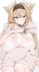 Rule 34 | 1girl, animal ear fluff, animal ears, arknights, blonde hair, blue eyes, blush, breasts, choker, chunta, commentary request, covered erect nipples, covered navel, hairband, highres, horn (arknights), horn (to effloresce whitely) (arknights), huge breasts, long hair, looking at viewer, see-through, simple background, sitting, smile, solo, thighs, white background