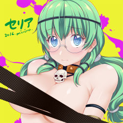 Rule 34 | 1girl, :&gt;, armband, artist name, bad id, bad pixiv id, bare shoulders, blue eyes, blush, breasts, celia (sennen sensou aigis), censored, character name, choker, female focus, glasses, green hair, large breasts, long hair, lowres, miniru, necklace, sennen sensou aigis, skull necklace, solo, topless, topless frame, upper body, yellow background