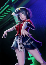 Rule 34 | 1girl, :p, amibazh, blue eyes, hat, highres, jiangshi, looking at viewer, miyako yoshika, ofuda, outstretched arms, pale skin, purple hair, shirt, short hair, skirt, solo, text focus, tongue, tongue out, touhou, translation request, zombie pose