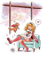 Rule 34 | 1girl, absurdres, artist name, blonde hair, cape, commentary, dc comics, derivative work, english commentary, hairband, heart, highres, insignia, laser, mikemaihack, on chair, orb, red cape, red footwear, screenshot redraw, sitting, speech bubble, spoken heart, streaky the supercat, supergirl, superman (series), window