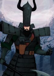 Rule 34 | 1boy, armor, axe, beard, clenched hand, dated, facial hair, fake horns, holding, holding axe, holster, horned headwear, horns, japanese armor, male focus, outdoors, samurai jack, samurai jack (character), shoulder armor, standing, wugedou