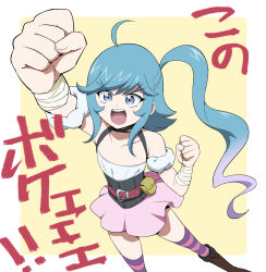 Rule 34 | 1girl, arm up, bare shoulders, belt, blue eyes, blue hair, clenched hands, gradient hair, kamijou ehoko, long hair, multicolored hair, open mouth, pink skirt, shouting, side ponytail, simple background, skirt, striped clothes, striped thighhighs, teeth, thighhighs, uma (umagaobanana), upper teeth only, yellow background, yu-gi-oh!, yu-gi-oh! go rush!!