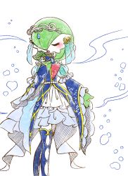 Rule 34 | 1girl, bare shoulders, blue dress, blue gloves, blue thighhighs, blush, bridal gauntlets, bubble, clothed pokemon, clothing cutout, colored skin, creatures (company), detached sleeves, dress, closed eyes, female focus, game freak, gardevoir, gen 3 pokemon, gloves, green hair, green skin, hair over one eye, hand up, heart, highres, muguet, multicolored skin, nintendo, open mouth, pokemon, pokemon (creature), short hair, sleeveless, sleeveless dress, solo, standing, thighhighs, tiara, turtleneck, two-tone skin, white background, white skin, zettai ryouiki