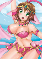 Rule 34 | 10s, 1girl, :d, amami reiko, amy (suisei no gargantia), arabian clothes, armpits, bikini, bouncing breasts, breasts, brown hair, circlet, cleavage, cloud, dancer, day, green eyes, highres, jewelry, large breasts, lots of jewelry, navel, open mouth, short hair, sky, smile, suisei no gargantia, swimsuit