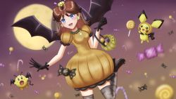 Rule 34 | 1girl, absurdres, bat wings, blue eyes, breasts, brown hair, candy, cosplay, creatures (company), earrings, flower earrings, food, full moon, game freak, gen 2 pokemon, gloves, grin, halloween, highres, jewelry, kirby, kirby (series), looking at viewer, moon, night, night sky, nintendo, open mouth, orange skirt, pantyhose, pichu, pokemon, princess daisy, puffy short sleeves, puffy sleeves, pumpkin, short sleeves, skirt, sky, smile, super smash bros., tail, tomboy, wings
