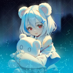 Rule 34 | 1girl, animal ears, bare shoulders, bear ears, blue hair, closed mouth, commentary request, constellation, hair between eyes, hair ornament, highres, hugging object, jacket, long sleeves, looking at viewer, multicolored hair, night, night sky, off shoulder, original, pekakiu, puffy long sleeves, puffy sleeves, red eyes, sample watermark, sky, sleeves past wrists, smile, solo, star (sky), starry sky, streaked hair, stuffed animal, stuffed toy, teddy bear, upper body, watermark, white hair, white jacket
