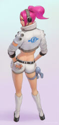 Rule 34 | 1girl, android, artist name, ass, belt, blue background, blue eyes, boots, closed mouth, cropped jacket, earpiece, energy gun, expressionless, female focus, fingerless gloves, from behind, full body, gloves, gradient background, hair tie, headphones, highres, jacket, joints, knee boots, kneepits, lipstick, long sleeves, looking at viewer, looking back, makeup, midriff, pink hair, platform footwear, pocket, purple background, ray gun, red lips, robot joints, sega, short hair, short shorts, shorts, sidelocks, simple background, solo, space channel 5, standing, thigh strap, thighs, totesfleisch8, twintails, two-tone background, ulala, watermark, weapon, white footwear, white gloves, white jacket, white shorts