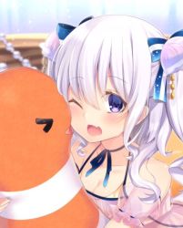 Rule 34 | 1girl, bad id, bad twitter id, bare shoulders, blue bow, blush, bow, breasts, character request, cleavage, copyright request, hair bow, holding, holding stuffed toy, long hair, looking at viewer, medium breasts, navy (navy.blue), one eye closed, open mouth, purple eyes, silver hair, solo, stuffed animal, stuffed toy