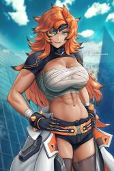 Rule 34 | 1girl, asher (omega strikers), bandages, black gloves, black shorts, blue eyes, blue sky, breasts, chest sarashi, cleavage, cloud, commentary, cowboy shot, dark skin, day, english commentary, eyepatch, gloves, grey thighhighs, grin, hybridmink, large breasts, long hair, looking at viewer, midriff, navel, omega strikers, orange hair, parted lips, sarashi, short shorts, short sleeves, shorts, shrug (clothing), sky, smile, solo, standing, stomach, strapless, thighhighs, thighs, tube top, very long hair, wrist wrap