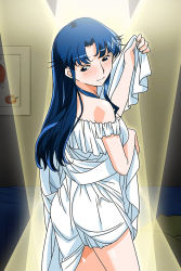 1girl blue_eyes blue_hair blush cowboy_shot dress female_focus fujiwara_aya long_hair non-web_source official_art smile solo spotlight super_real_mahjong tanaka_ryou white_dress