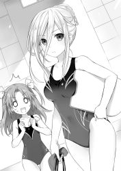 Rule 34 | 2girls, braid, breasts, closed mouth, collarbone, competition swimsuit, date a live, ellen mira mathers, expressionless, goggles, unworn goggles, greyscale, hair between eyes, hair ribbon, highres, long hair, looking at viewer, medium breasts, monochrome, multiple girls, okamine mikie, one-piece swimsuit, open mouth, ribbon, small breasts, standing, surprised, swim cap, unworn swim cap, swimsuit, tsunako