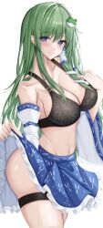 Rule 34 | 1girl, 7saki, absurdres, ass, black bra, blue dress, blush, bra, breasts, cleavage, clothes lift, detached sleeves, dress, frog hair ornament, green eyes, hair ornament, hair tubes, highres, kochiya sanae, large breasts, lifted by self, long hair, looking at viewer, navel, petticoat, simple background, skirt, skirt lift, smile, snake hair ornament, solo, straight hair, thigh strap, touhou, underwear, very long hair, white background, wide sleeves