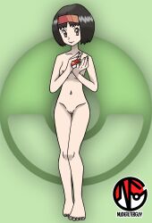 Rule 34 | 1girl, armpits, artist name, barefoot, black hair, breasts, brown eyes, cleft of venus, collarbone, completely nude, creatures (company), erika (pokemon), eyelashes, feet, female focus, fingernails, full body, game freak, green background, groin, gym leader, hair ornament, hairband, hands up, happy, highres, holding, holding poke ball, legs, legs together, looking at viewer, medium hair, navel, neck, nilterguy, nintendo, nipples, nude, nude filter, official art nude filter, own hands together, parted bangs, poke ball, poke ball symbol, pokemon, pokemon hgss, pussy, red hairband, sidelocks, small breasts, smile, standing, thigh gap, thighs, third-party edit, toenails, toes, unworn clothes