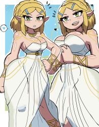 Rule 34 | 1girl, absurdres, blonde hair, blush, braid, breasts, cleavage, collarbone, crown braid, dress, earrings, green eyes, hair ornament, hairclip, hand on own hip, heart, highres, jewelry, looking at viewer, medium breasts, multiple views, necklace, nintendo, open mouth, own hands together, parted lips, pointy ears, princess zelda, short hair, sky, smile, speech bubble, spoken heart, standing, strapless, strapless dress, teeth, the legend of zelda, the legend of zelda: breath of the wild, the legend of zelda: tears of the kingdom, thick thighs, thighs, tony welt, white dress, wide hips, wristband