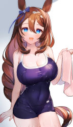 Rule 34 | 1girl, :d, animal ears, bare arms, bare shoulders, blue eyes, blue one-piece swimsuit, blush, bow, braid, breasts, brown hair, cleavage, collarbone, competition school swimsuit, competition swimsuit, covered navel, cowboy shot, crown braid, ear bow, hair between eyes, hair bow, highres, holding, holding towel, horse ears, horse girl, horse tail, large breasts, legs together, long hair, looking at viewer, manya drhr, one-piece swimsuit, open mouth, purple bow, purple one-piece swimsuit, school swimsuit, simple background, smile, solo, super creek (umamusume), swimsuit, tail, thighs, towel, umamusume, very long hair, white background
