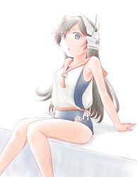 Rule 34 | 1girl, :o, absurdres, armpits, bare legs, black hair, blouse, blue one-piece swimsuit, blush, breasts, cowboy shot, hair between eyes, headgear, highres, i-400 (kancolle), kantai collection, long hair, looking at viewer, meihemu, one-hour drawing challenge, one-piece swimsuit, open mouth, orange sailor collar, purple eyes, sailor collar, school swimsuit, shadow, shirt, simple background, sitting, sleeveless, sleeveless shirt, small breasts, smile, solo, swimsuit, swimsuit under clothes, tan, wall, white background, white shirt
