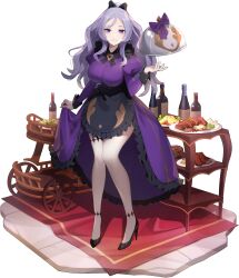 Rule 34 | 1girl, apron, bare legs, black apron, black footwear, bottle, breasts, curly hair, dress, eversoul, food, frilled dress, frills, full body, game cg, grin, hair over one eye, high heels, high ponytail, highres, large breasts, long hair, long skirt, looking at viewer, non-web source, official alternate costume, official alternate hairstyle, official art, pale skin, ponytail, purple dress, purple eyes, purple hair, red carpet, serving dome, showgirl skirt, skirt, skirt hold, smile, solo, standing, tachi-e, tiered tray, transparent background, violette (eversoul), waist apron, waitress, wine bottle