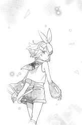 Rule 34 | 1girl, back peek, bare shoulders, bon bon eee, bow, crop top, crosshatching, curious, detached sleeves, floating hair, greyscale, hair bow, hair ornament, hairclip, halftone, halftone background, hatching (texture), headphones, headset, highres, kagamine rin, leg warmers, linear hatching, looking at viewer, looking back, midriff, monochrome, narrow waist, neckerchief, parted lips, sailor collar, shirt, short hair, shorts, skinny, sleeveless, sleeveless shirt, solo, surprised, swept bangs, turning head, vocaloid, wind
