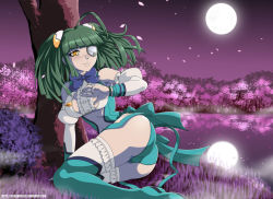 Rule 34 | 1girl, ahoge, ass, bare shoulders, blush, boots, breasts, cherry blossoms, detached sleeves, eyepatch, frilled thighhighs, frills, full moon, green footwear, green hair, green panties, green thighhighs, hair ornament, lake, large breasts, long hair, looking back, moon, necktie, night, otomedius, panties, shiny skin, sleeves past wrists, smile, solo, stormfeder, thigh boots, thigh strap, thighhighs, tita nium, twintails, underwear, yellow eyes