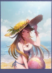 Rule 34 | 1girl, ball, beach, bikini, bracelet, breasts, brown eyes, brown hair, cha (pixiv12794171), closed mouth, collarbone, day, flower, hat, highres, jewelry, long hair, looking at viewer, medium breasts, ocean, original, outdoors, red ribbon, ribbon, smile, solo, swimsuit, white bikini