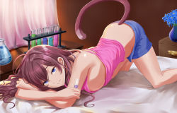 Rule 34 | 1girl, ahoge, all fours, back, bare shoulders, blue eyes, blue shorts, breasts, brown hair, cat tail, closed mouth, curtains, flask, hair between eyes, highres, ichinose shiki, idolmaster, idolmaster cinderella girls, indoors, jojobirdz, legs, long hair, looking at viewer, medium breasts, on bed, pink tank top, short shorts, shorts, sideboob, smile, solo, tail, tank top, test tube, thighs, top-down bottom-up, vase, wavy hair, window