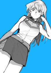 Rule 34 | 1girl, 203wolves, bare arms, bare shoulders, blue background, blue theme, breasts, buttons, closed mouth, commentary request, duel academy uniform (yu-gi-oh! gx), greyscale, hand up, highres, long hair, looking at viewer, medium breasts, miniskirt, monochrome, simple background, skirt, smile, tenjouin asuka, uniform, yu-gi-oh!, yu-gi-oh! gx