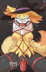 Rule 34 | 1girl, absurdres, animal ear fluff, animal ears, animal nose, arms behind head, arms up, artist name, ball gag, bdsm, black fur, black hat, blush, body fur, bondage, bound, bound arms, bound legs, braixen, breasts, breasts apart, clitoral hood, clitoris, commission, completely nude, creatures (company), drooling, ears through headwear, fangs, female ejaculation, female focus, female orgasm, fox ears, fox girl, fox tail, furry, furry female, gag, gagged, game freak, gen 6 pokemon, glasses, grey background, grey outline, half-closed eyes, hat, heart, highres, large breasts, looking at viewer, moaning, multicolored fur, navel, neck fur, nintendo, nipples, nose blush, nude, object insertion, open mouth, orgasm, personification, pince-nez, pokemon, pokemon (creature), pussy, pussy juice, red eyes, rope, round eyewear, saliva, sex machine, shibari, signature, simple background, solo, spoken heart, spread legs, stick, stomach, straight-on, tail, teeth, thighs, tongue, tongue out, trembling, uncensored, vaginal, vaginal object insertion, white fur, whitev, witch hat, yellow fur