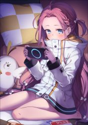 Rule 34 | 1girl, ahoge, barefoot, blue archive, blue eyes, blush, bow, braid, commentary request, covered mouth, forehead, hair bow, handheld game console, hands up, holding, jacket, long hair, long sleeves, one side up, pillow, red hair, ryuinu, solo, very long hair, white bow, white jacket, yuzu (blue archive)