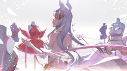Rule 34 | 1girl, animal ears, backless outfit, backlighting, bare shoulders, blunt bangs, breasts, commentary request, deras, dress, elbow gloves, erune, fingerless gloves, gloves, gold trim, granblue fantasy, grey eyes, hair ornament, korwa, long hair, mannequin, pink dress, red dress, ribbon, silver hair, simple background, smile, solo, standing, white gloves