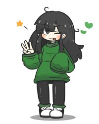 Rule 34 | 1girl, ;p, black footwear, black hair, black pantyhose, blush, codename: kids next door, commentary, full body, green shirt, grey eyes, hand up, heart, highres, numbuh 3, long hair, long sleeves, looking at viewer, one eye closed, pantyhose, shadow, shirt, shoes, simple background, sleeves past fingers, sleeves past wrists, smile, sneakers, solo, standing, star (symbol), tongue, tongue out, uni souchou, w, white background