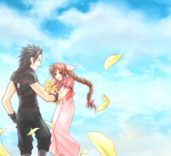 Rule 34 | 1boy, 1girl, aerith gainsborough, armor, belt, black footwear, black gloves, black hair, black pants, black ribbon, blue sky, bouquet, bow, brown hair, button dress, closed eyes, cloud, cloudy sky, couple, cropped jacket, curly hair, day, dress, falling petals, final fantasy, final fantasy vii, flower, gloves, green eyes, grin, hair bow, hair ribbon, hand on own hip, hand up, happy, highres, holding, holding bouquet, holding hands, jacket, leaning forward, long dress, long hair, multiple belts, open clothes, open jacket, open mouth, outdoors, pants, parted bangs, pauldrons, petals, pink bow, pink dress, pink ribbon, ponytail, reaching towards another, ream (arua), red jacket, ribbon, shoulder armor, sidelocks, sky, smile, spiked hair, standing, suspenders, yellow flower, yellow petals, zack fair