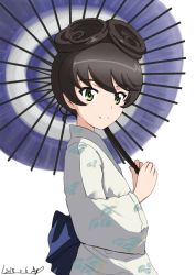 Rule 34 | 10s, 1girl, artist name, brown hair, bukkuri, chi-hatan (emblem), closed mouth, dated, emblem, from side, girls und panzer, green eyes, hair rings, holding, holding umbrella, hosomi shizuko, japanese clothes, kimono, long sleeves, looking at viewer, oil-paper umbrella, print kimono, short hair, signature, simple background, smile, solo, standing, umbrella, upper body, white background, white kimono