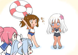 Rule 34 | 10s, 4girls, :d, :o, bare arms, bare legs, barefoot, blue eyes, blue hair, brown eyes, brown hair, flower, gradient hair, hair flower, hair ornament, hair ribbon, i-168 (kancolle), i-19 (kancolle), i-401 (kancolle), innertube, kantai collection, lifebuoy, long hair, multicolored hair, multiple girls, open mouth, pink hair, ponytail, red eyes, ribbon, ro-500 (kancolle), sailor collar, school swimsuit, school uniform, serafuku, shibi, slippers, smile, sweatdrop, swim ring, swimsuit, swimsuit under clothes, tan, tanline, translated, twintails, white hair